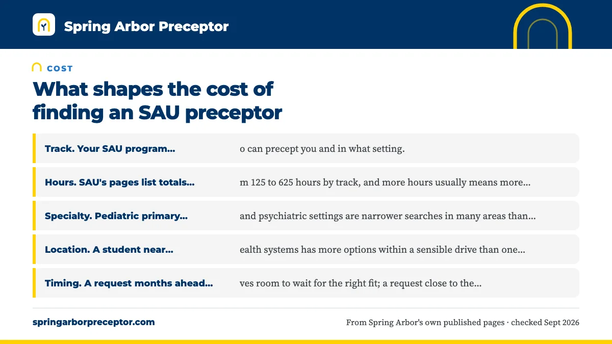 The six things that move a quote: Track. Your SAU program decides who can precept you and in w; Hours. SAU's pages list totals from 125 to 625 hours by trac; Specialty. Pediatric primary care and psychiatric settings a; Location. A student near several health systems has more opt.