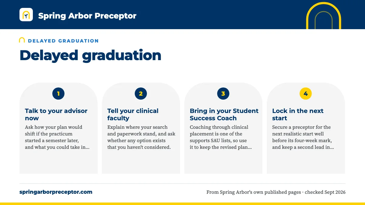 Numbered steps. If a delay looks likely: 1 Talk to your advisor now; 2 Tell your clinical faculty; 3 Bring in your Student Success Coach; 4 Lock in the next start.
