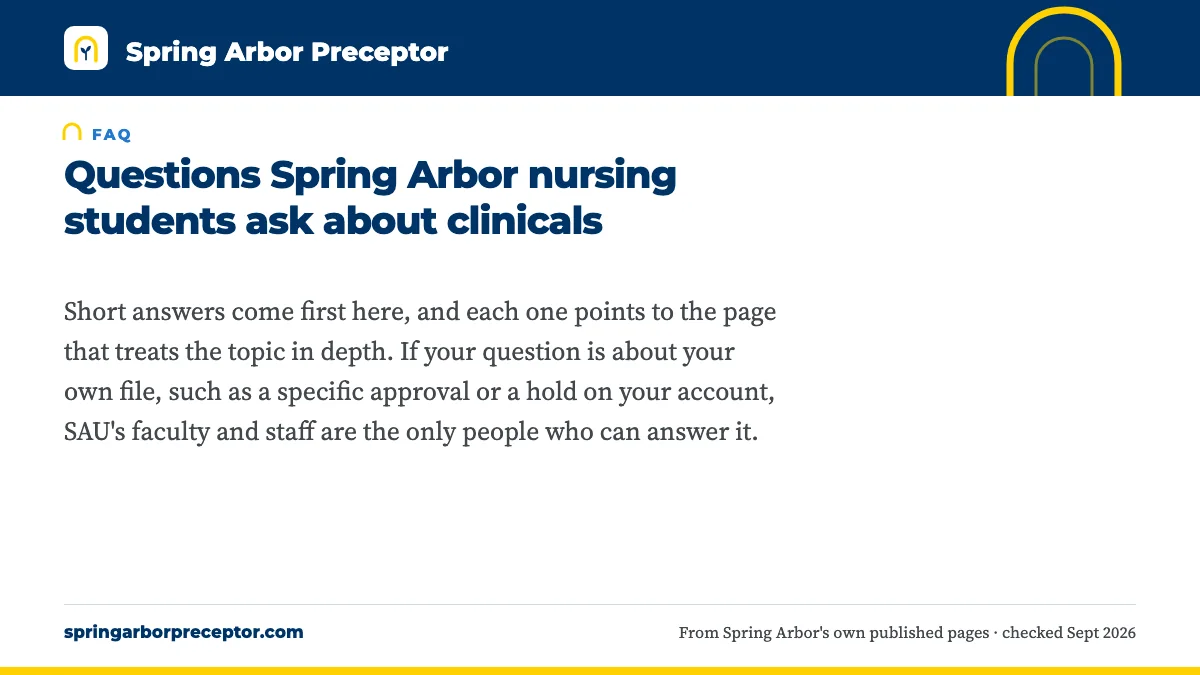 Questions Spring Arbor nursing students ask about clinicals. Short answers come first here, and each one points to the page that treats the topic in depth. If your question is about your own file, such as a specific appro