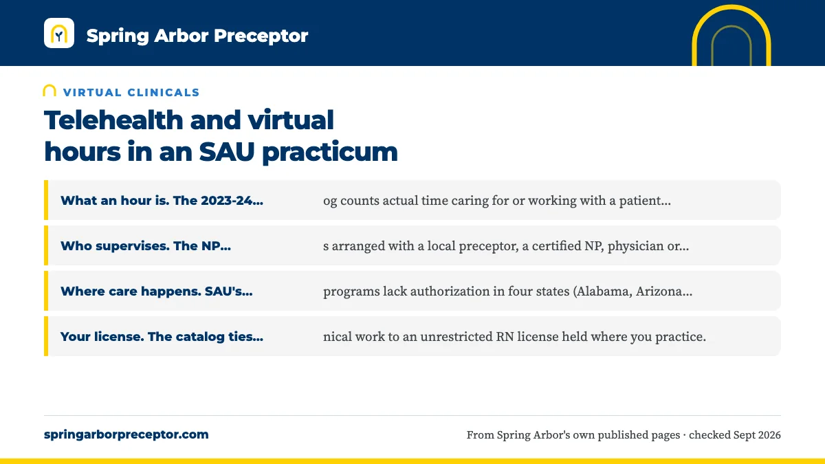 The SAU rules that still apply to a virtual visit: What an hour is. The 2023-24 catalog counts actual time cari; Who supervises. The NP practicum is arranged with a local pr; Where care happens. SAU's nursing programs lack authorizatio; Your license. The catalog ties clinical work to an unrestric.